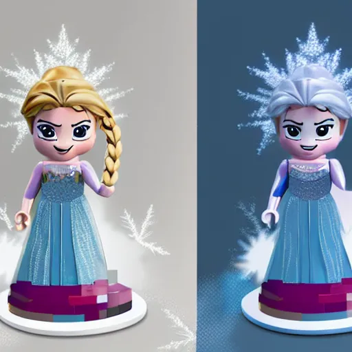 Image similar to lego minifigs of elsa and anna from frozen. photo, remake, retouched in photoshop, caricature