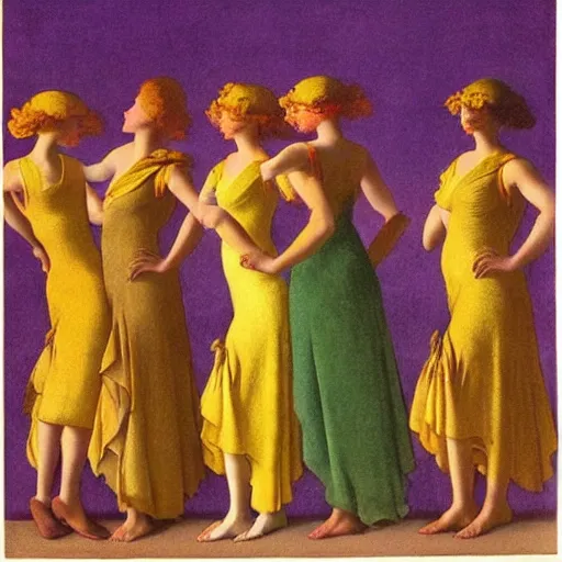 Prompt: seven hens in dresses, maxfield Parrish