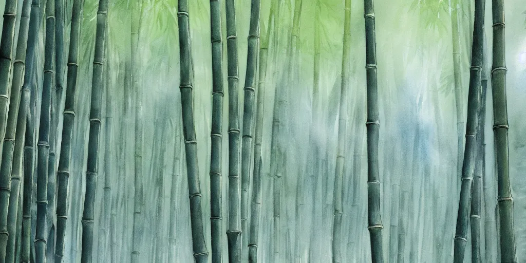 Image similar to misty japanese bamboo forest, watercolour, cell shaded, huge waterfall!!!!!, large rocky mountain, rule of thirds, sunny, cartoony, drawing, stylized anime, soft, by hayao miyazaki, ghibli studio, makoto shinkai, toei animation, studio trigger, trending on artstation, 4 k, hd