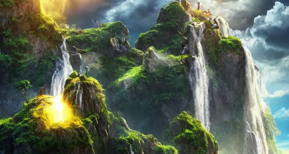 Prompt: A magnificent floating island in the sky above the sea, defying gravity, floating island, flying island, waterfall falling down, epic lighting, epic composition, highly detailed