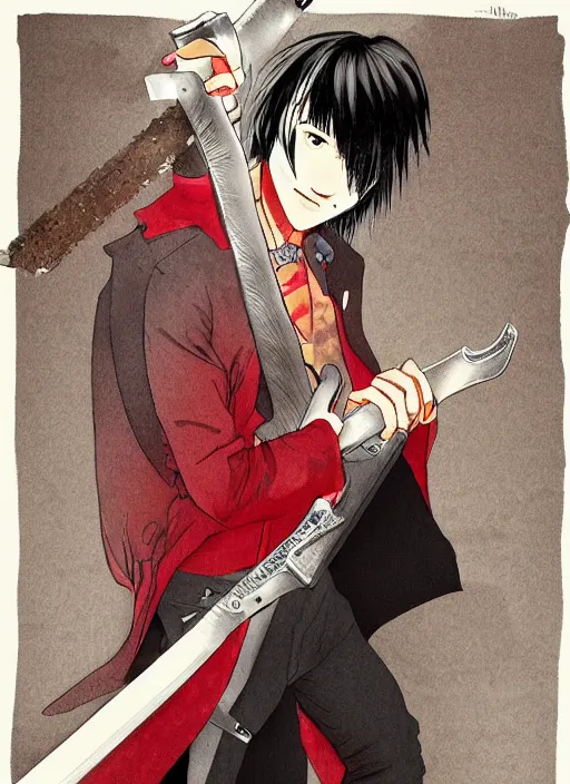 Prompt: illustration by tatsuki fujimoto of a handsome male vampire, long black hair, glowing red eyes, light brown coat, chainsaw sword