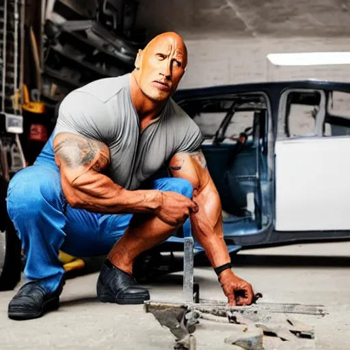 Prompt: Dwayne Johnson as an auto mechanic repairing a car in the garage