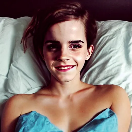 Image similar to emma watson waiting for you in bed at night while smiling shyly, messy hair bedhead, very sleepy and shy, bare shoulders, comforting, covered by little blue nighty, dim cool lighting