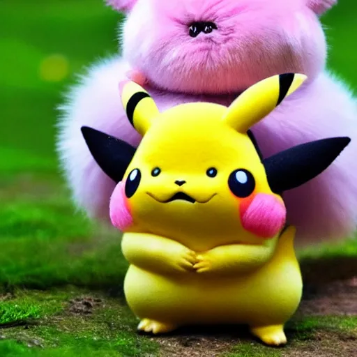 Image similar to pikachu taking a bite out of jigglypuff, national geographic photo, photo realistic, hyperrealistic, wildlife photo, 4 k, ultra detailed