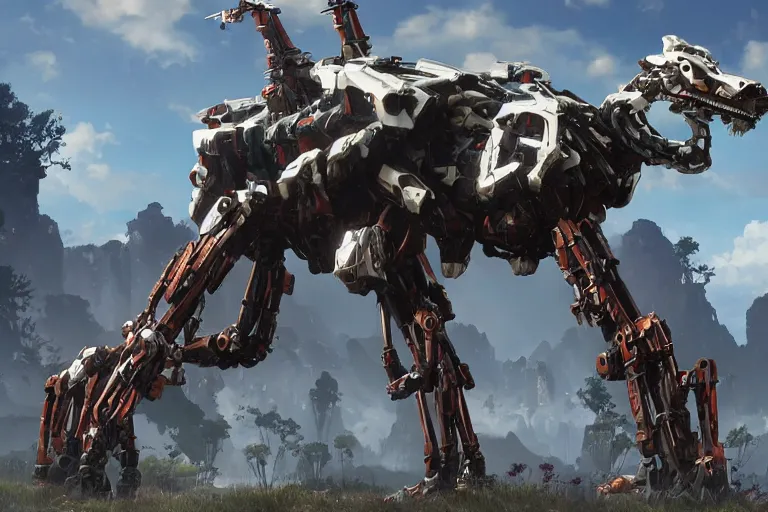 Image similar to longleg machine mecha animal beast robot of horizon forbidden west horizon zero dawn bioluminiscence global illumination ray tracing hdr fanart arstation by sung choi and eric pfeiffer and gabriel garza and casper konefal