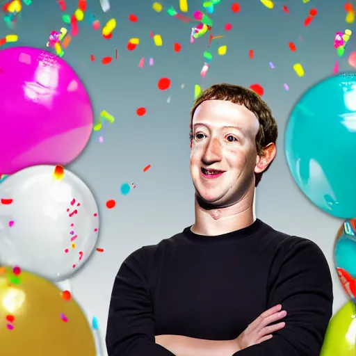 Image similar to mark zuckerberg is inside a computer monitor, wishing handsome bearded man happy birthday, confetti, cake, balloons, the words happy birthday wilson