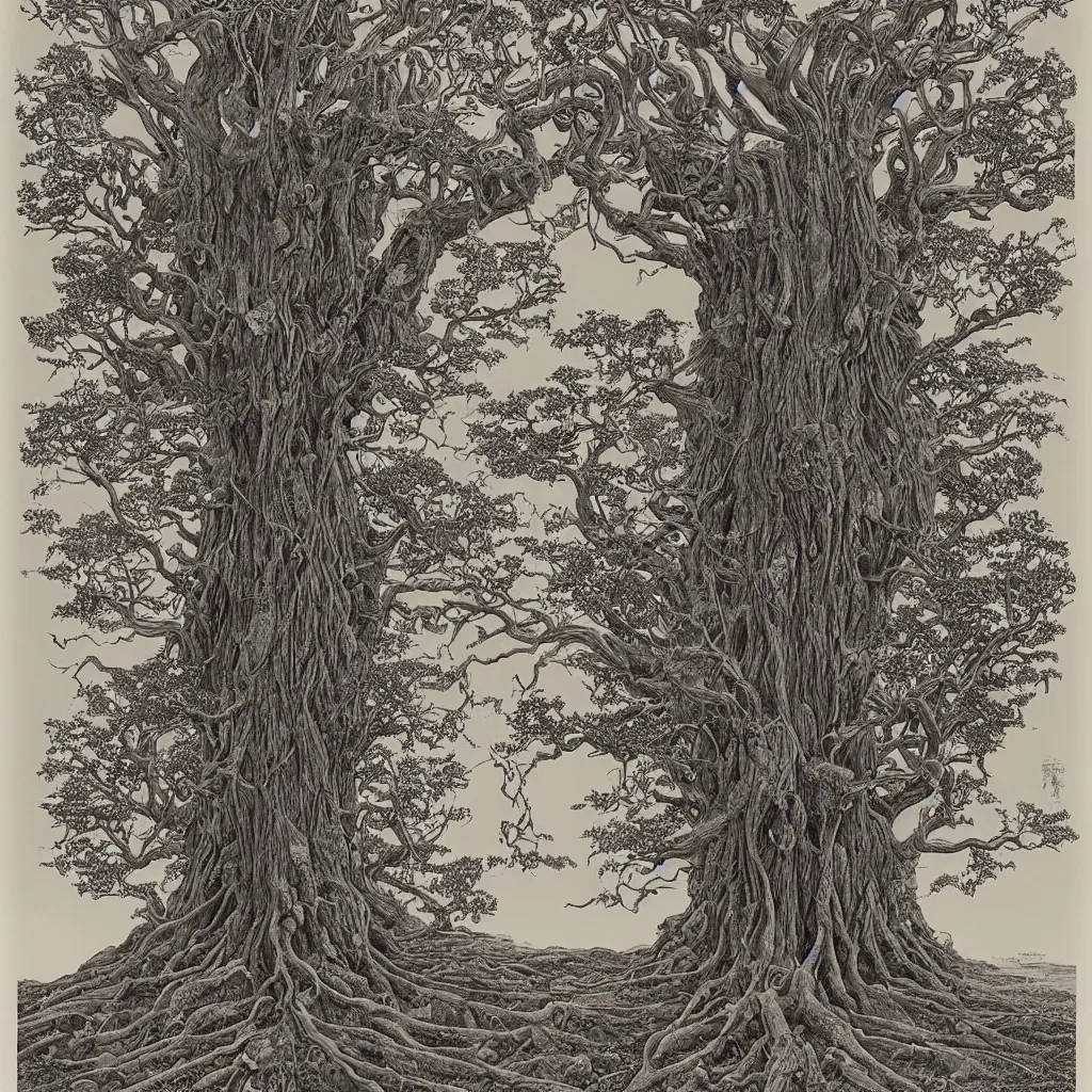 Image similar to tree of life, yggdrasil, by moebius, by laurie lipton