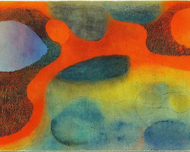 Prompt: Ocean waves in a psychedelic dream world. DMT. Curving rivers. Paul Klee. Zao Wou-ki. Minimalist.