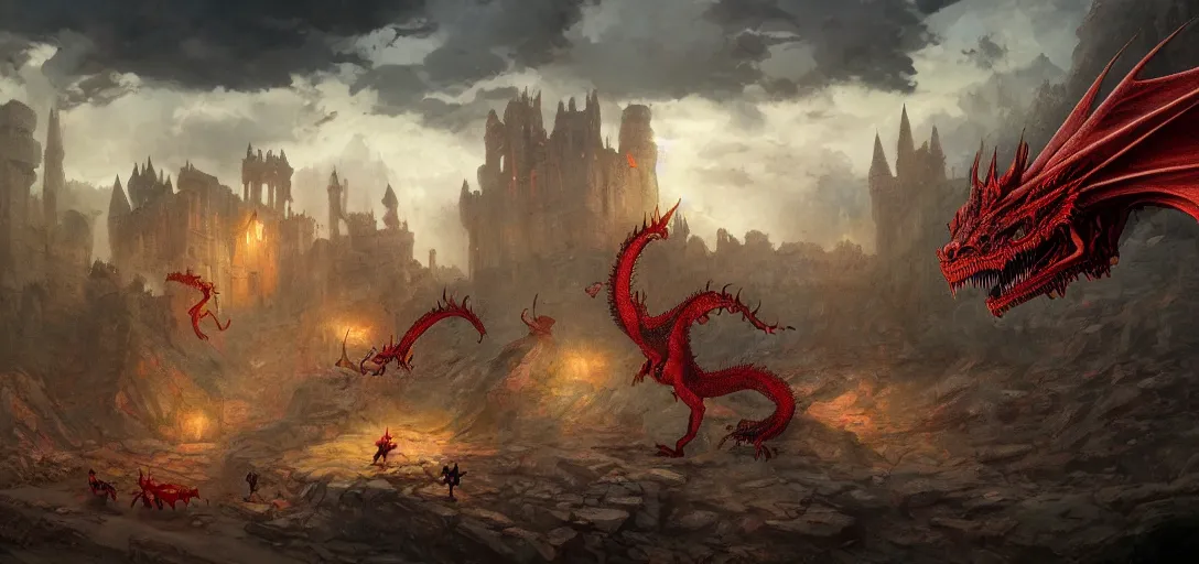 Prompt: wide angle, medieval explorers being chased by a red dragon through castle ruins, lake, realistic digital painting, concept art, coherent design, vivid color, complementary color, rule of thirds, detailed, sharp lines, intricate, in the style of forgotten realms, by studio ghibli, by greg rutkowski, by anato finnstark, deviantart, octane render, cgi