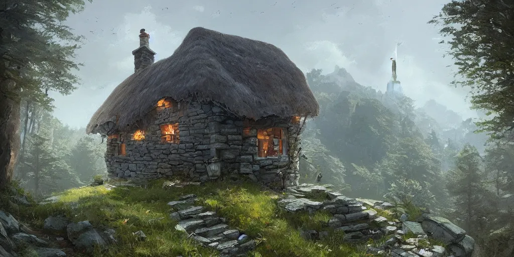 Image similar to a cottage on top of a steep hill, greg rutkowski, zabrocki, karlkka, jayison devadas, trending on artstation, 8 k, ultra wide angle, zenith view, pincushion lens effect