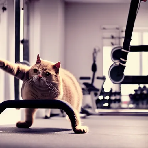 Image similar to a very fat cat doing exercises at the gym, photorealistic, hd