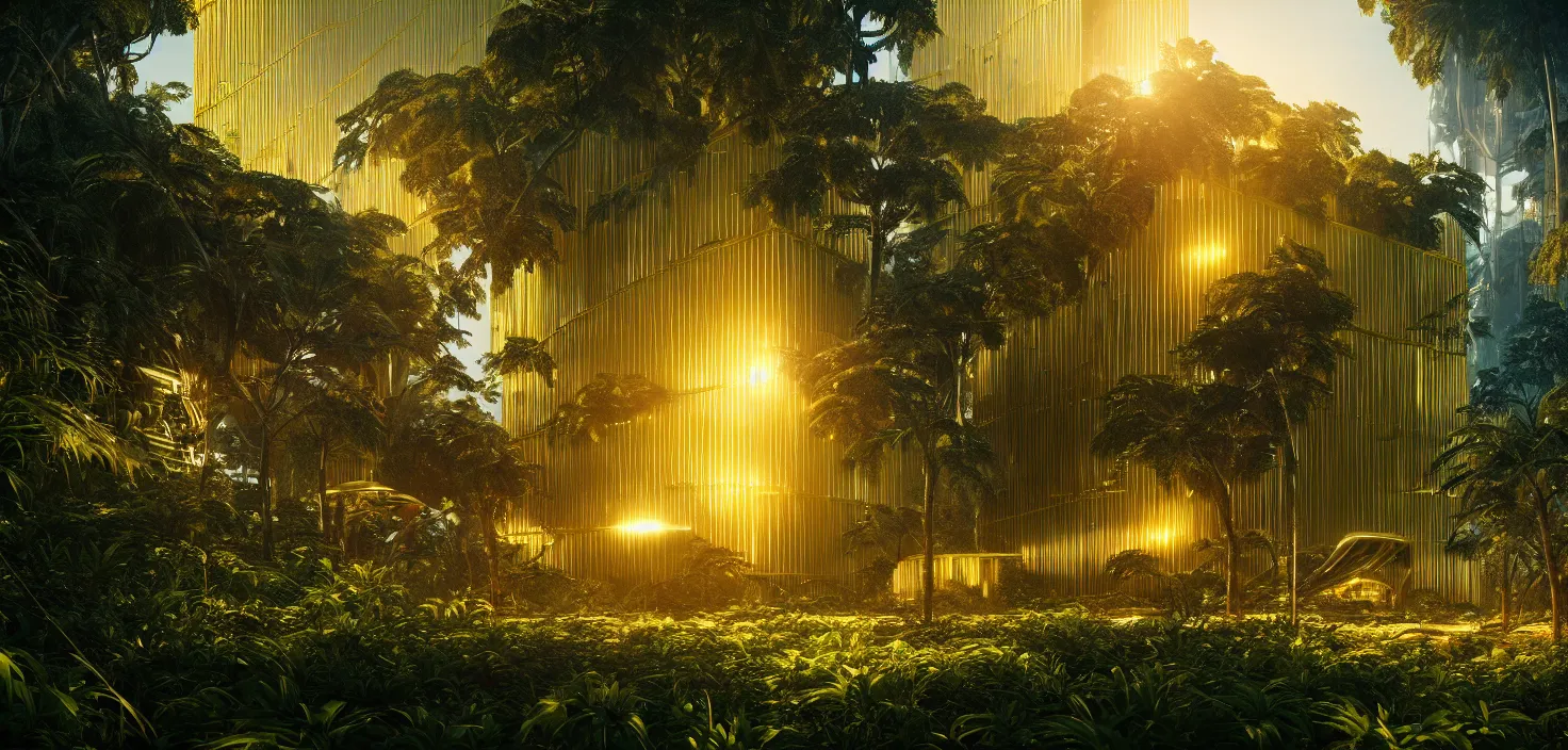 Image similar to futuristic shinny golden building in an jungle landscape of a biopunk city by taras shevchenko and wlop, movie poster, golden ratio, evening lighting, film still, realistic, octane render redshift arnold materials unreal engine, 8 k post production, hyper detailed