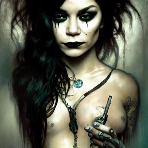 Image similar to beautiful portrait of vanessa hudgens as death from sandman, smiling, by cedric peyravernay, alphonse mucha, by jeremy mann, by lecouffe deharme, goth chic, soft lightning, eyeliner, punk rock, high detailed, 8 k