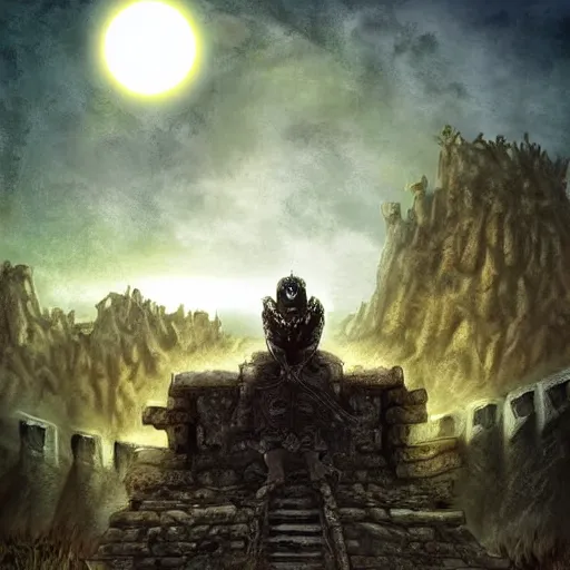 Prompt: digital art, skull knight, on ancient throne in ruined castle, solar eclipse