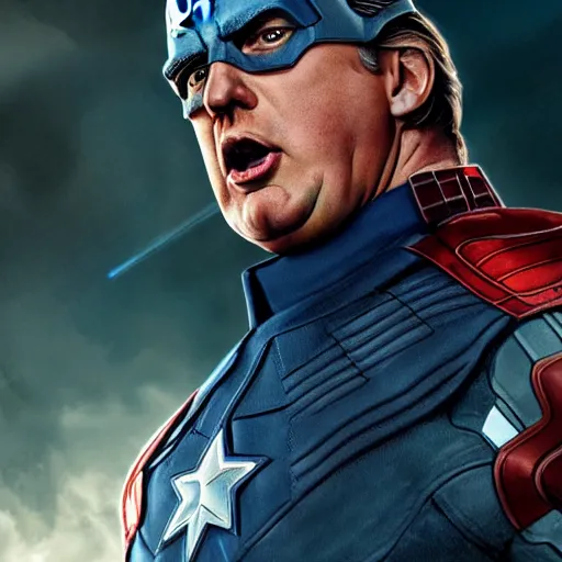 Prompt: of donald trump as captain america, iridescent, beautiful, technological, galactic, hyper-detailed, mega-detailed, realistic, cinematic, octane render, concept art, dark, cosmic, ominous, dramatic, lovecraftian, symmetric, swords, colorful and dark