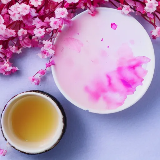 Prompt: water paint top view of a cup of sakura petals pink tea