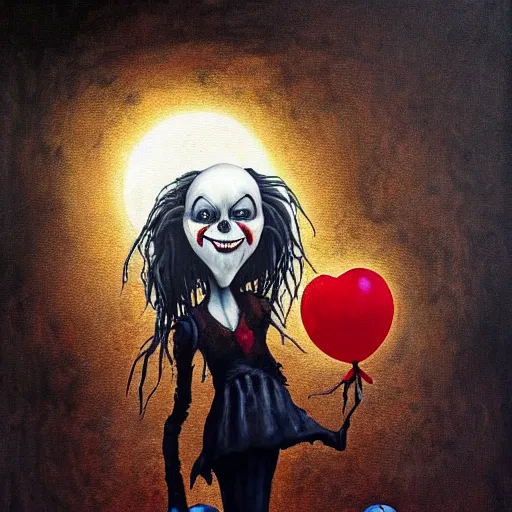 Prompt: grunge painting of a scarecrow with a wide smile and a red balloon by chris leib, loony toons style, pennywise style, corpse bride style, horror theme, detailed, elegant, intricate, conceptual, volumetric light