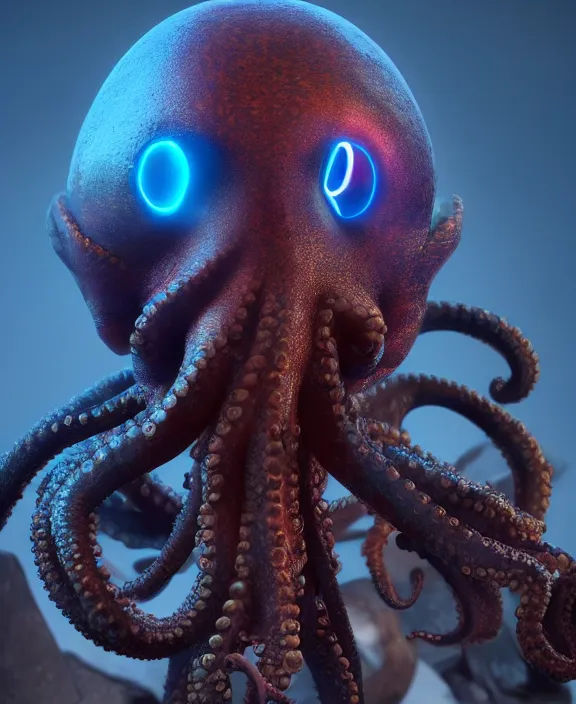 Prompt: a humanoid with an octopus head and man body with several glowing eyes, 4 k resolution, detailed, 3 d render, unreal engine, octane render, trending on artstation