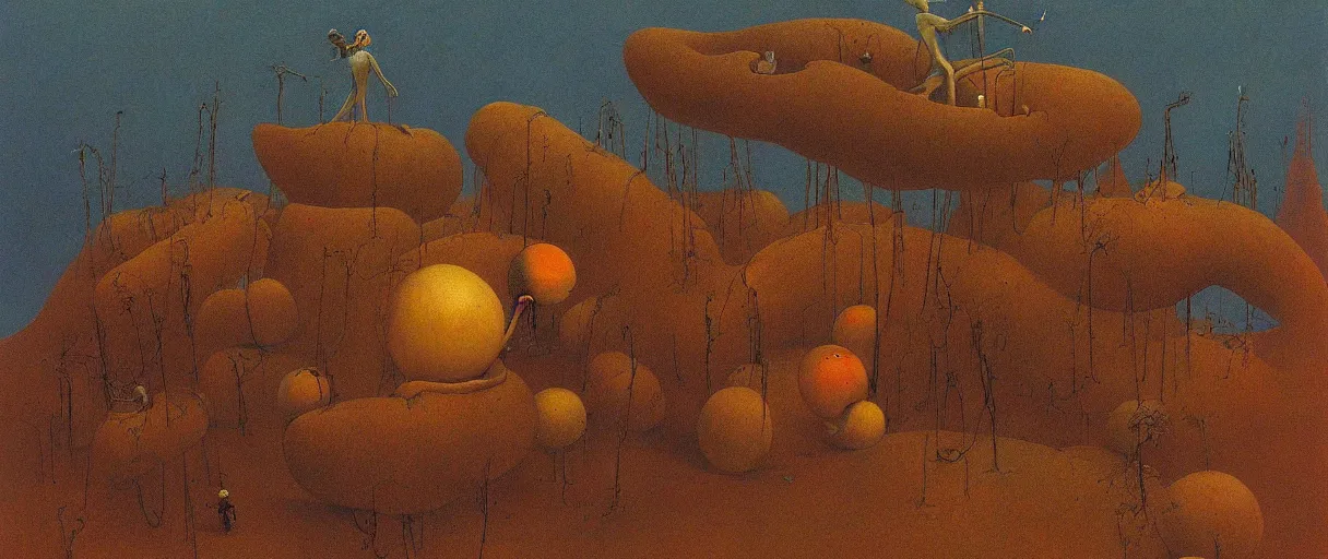 Image similar to still from james and the giant peach, painted by zdzislaw beksinski