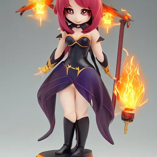 Image similar to cute pvc figure of a chibi sorceress casting flare maxima, the most powerful incinerating spell in the universe, lens flare, motion blur, artstation