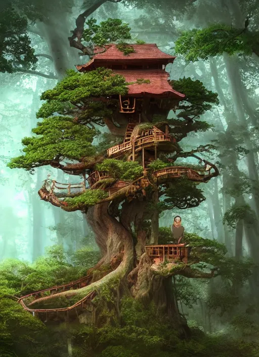 Prompt: beautiful tree house in a gnarly bonsai in a ancient forrest, dynamic lighting, cinematic, establishing shot, extremly high detail, foto realistic, cinematic lighting, post processed, concept art, artstation, matte painting, style by ghibli, myazaki