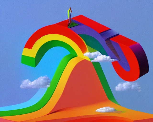 Image similar to isometric 3 d surrealist rainbow, frequencies divided as sacred geometry 3 d shapes, very surreal, by dali