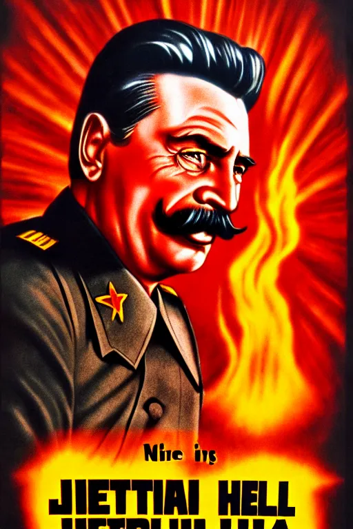 Image similar to movie poster, stalin in hell, scary poster in color, poster in 4 k