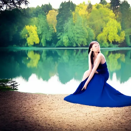 Prompt: modern princess posing in front of lake, portrait photography, 50mm, photography by annie leibovitz, gmaster lens, sony, sharp focus, highly detailed, intricate, elegant, fantasy, 500px, model, backlight,