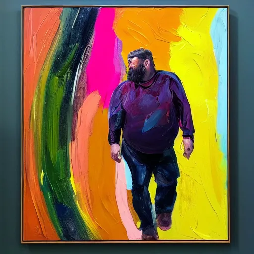 Image similar to _ in _ these _ paintings _ we _ see _ a _ big _ man _ who _ seem _ to _ be _ walking _ in _ circles in an empty void space, 4 k, in the style of ben quilty, hyper realism, minimal green and pink palette, medium shot, oil paint with thick brushstrokes of paint, impasto, detailed,