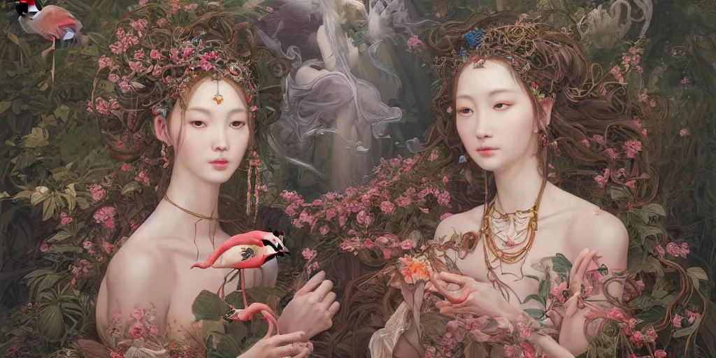 Image similar to breathtaking detailed concept art painting of the goddess of flamingo, orthodox saint, with anxious, piercing eyes, ornate background, epic composition, amalgamation of leaves and flowers, by Hsiao-Ron Cheng and John James Audubon and Miho Hirano, extremely moody lighting, 8K