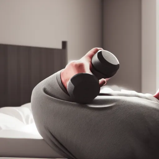 Image similar to a guy is asleep on on comfy bed , he his holding a dumbell in his hands. very detailed ,dramatic , octane render.