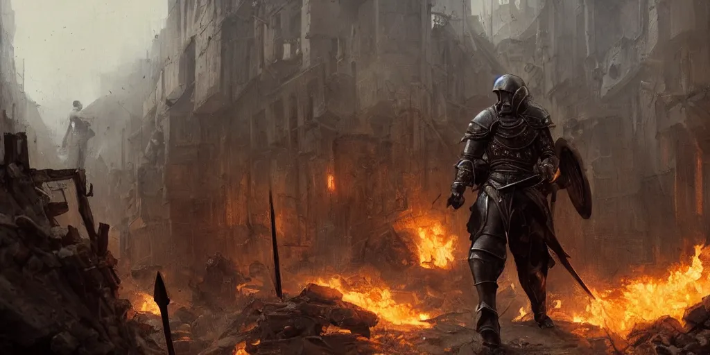 Image similar to a painting of a cinematic keyframe of a medieval knight warrior with his sword walking into a destroyed medieval town, with fire by greg rutkowski, rule of thirds, golden ratio, ambient lighting, wlop, artgerm, artstation, highly detailed masterpiece, dark fantasy art, high detail, trending on artstation