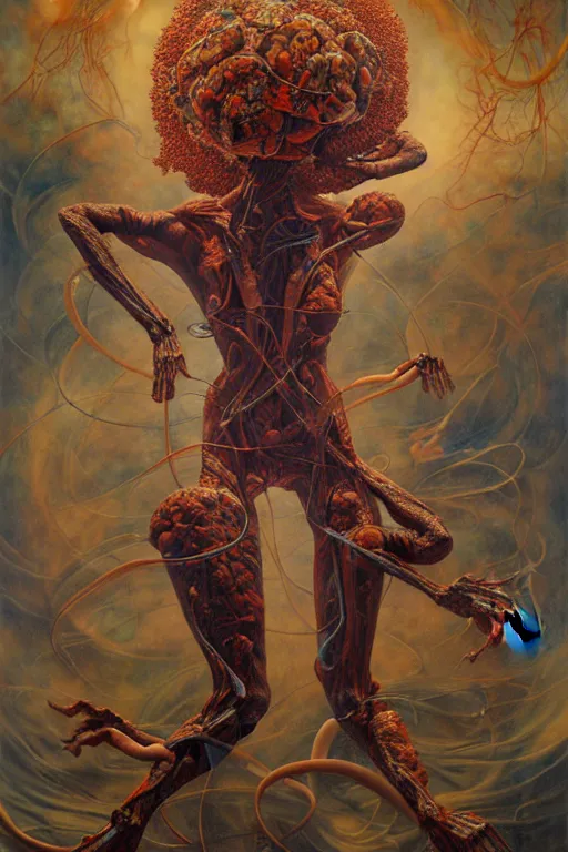 Prompt: a tall, fleshy anatomical figure with extra limbs, hovering in the air, zero gravity, brains floating around, rich colours, Karol Bak, mark brooks, hauntingly surreal, highly detailed painting by Katsuhiro Otomo, part by James jean, part by Adrian Ghenie, part by Gerhard Richter, Soft light 4K