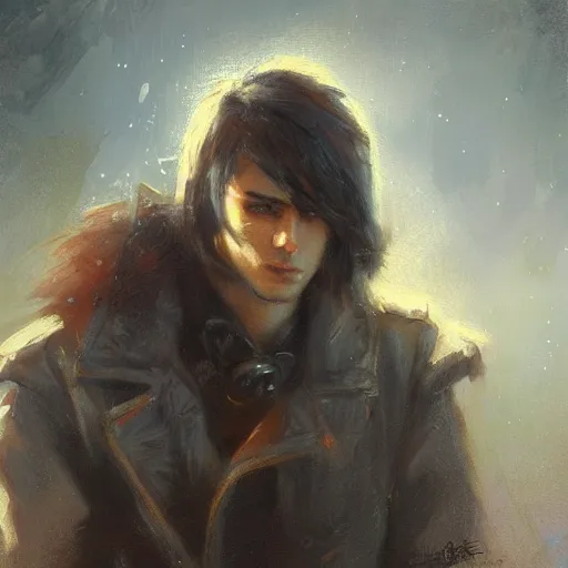 Image similar to A handsome, cute emo guy, close-up painting by Gaston Bussiere, Craig Mullins, trending on artstation, artstationHD, artstationHQ, artstation digital artwork