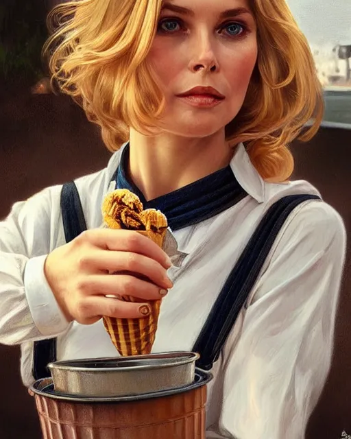 Image similar to portrait of a blonde fuller figured barbara bach from the bond film wearing dungarees and eating ice creams in porto, real life skin, intricate, elegant, highly detailed, artstation, concept art, smooth, sharp focus, art by artgerm and greg rutkowski and alphonse mucha