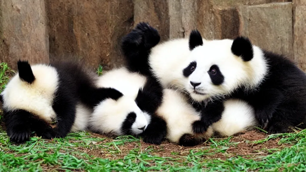 Image similar to panda cat and rabbit snuggling cute