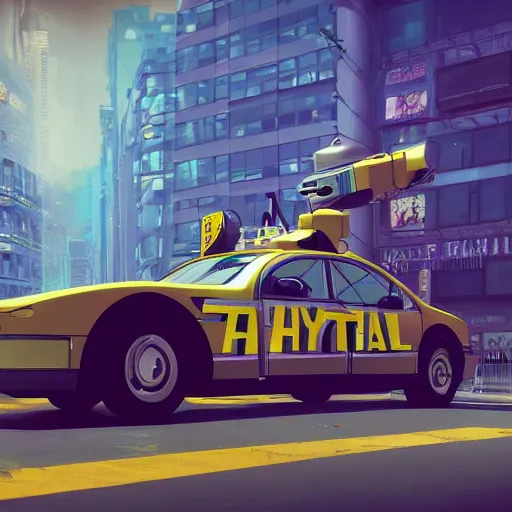 Prompt: A hyper real comic book style portait painting of a robot taxi in a future city, unreal 5, hyperrealistic, octane render, cosplay, RPG portrait, dynamic lighting