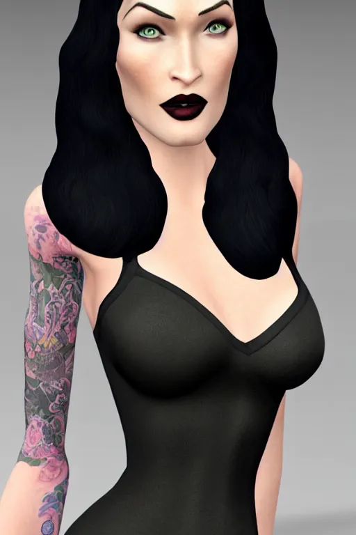 Image similar to megan fox as morticia addams, second life avatar, the sims 4