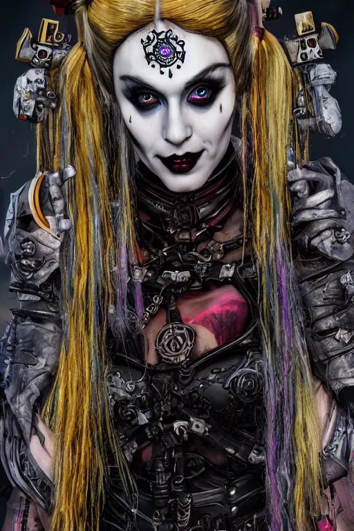 Image similar to portrait of beautiful gothic Harley Quinn, cyberpunk, Warhammer, highly detailed, artstation, illustration, art by Gustav Klimt