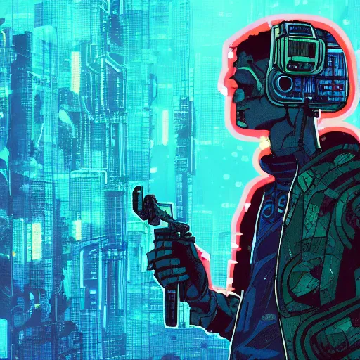 Image similar to in the style of max prentis and deathburger and laurie greasley a young mixed race male explorer wearing a cyberpunk headpiece who is standing on a giant robot head, highly detailed, 8k wallpaper, adventure time colour palette