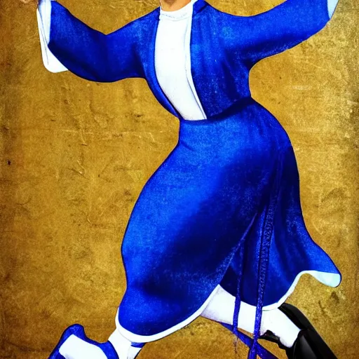 Image similar to blonde nun in blue clothes on roller skates, body shot, in the style of michaelangelo