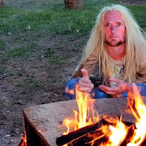 Image similar to photo of hillbilly with long blonde hair around a bonfire, symmetric face