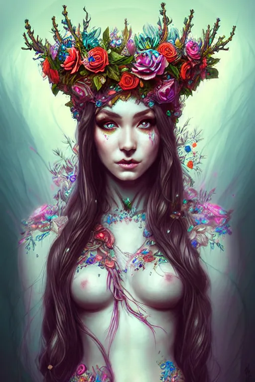 Prompt: digital art, centered full body elven bride, vivid flower crown ,intricate, veins, by James Jean and by artgerm , ultradetailed, charachter design, concept art, trending on artstation,