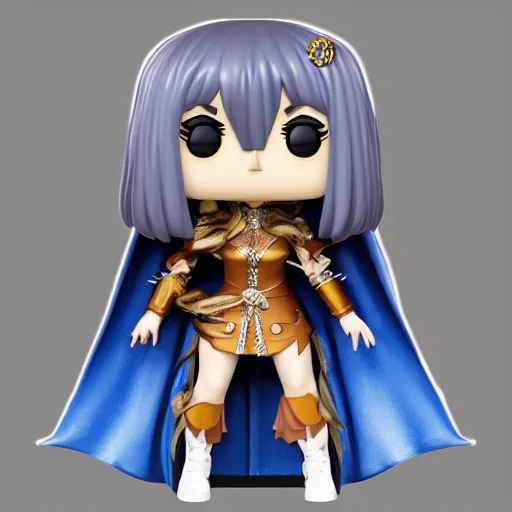 Prompt: “A detailed stunning and beautiful anime woman with brown flowing hair, long blue-cape, decorative leather armor, great proportions, excellent detail, surrounded by a catacomb of books, high quality, Full-body character portrait, trending on artstation, by POP FUNKO”