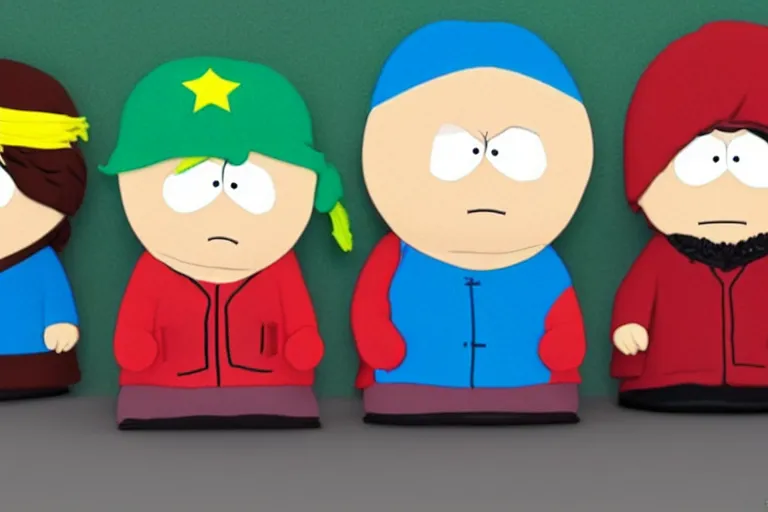 Prompt: a famous scene from Southpark portrayed in clay, 3d render, unreal engine