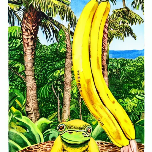 Image similar to A Banana Republic Travel and Safari Clothing Catalog cover from 1986 with Pepe, watercolor painting by Robert Stein III, illustration.