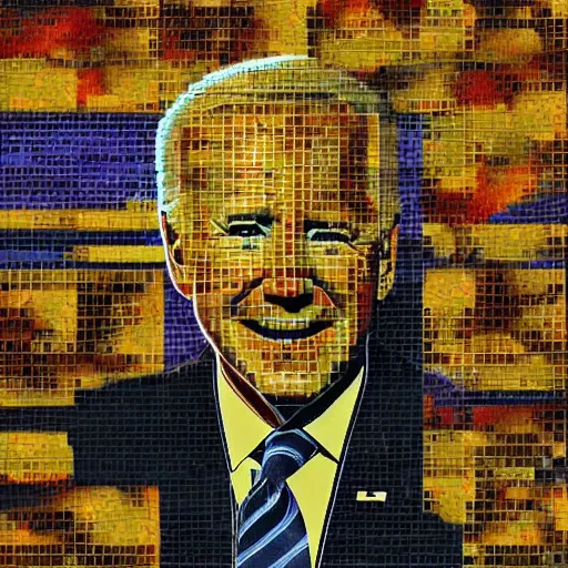 Prompt: portrait mosaic of joe biden with robot eyes, 4k, intricate details, digital, between heaven and hell