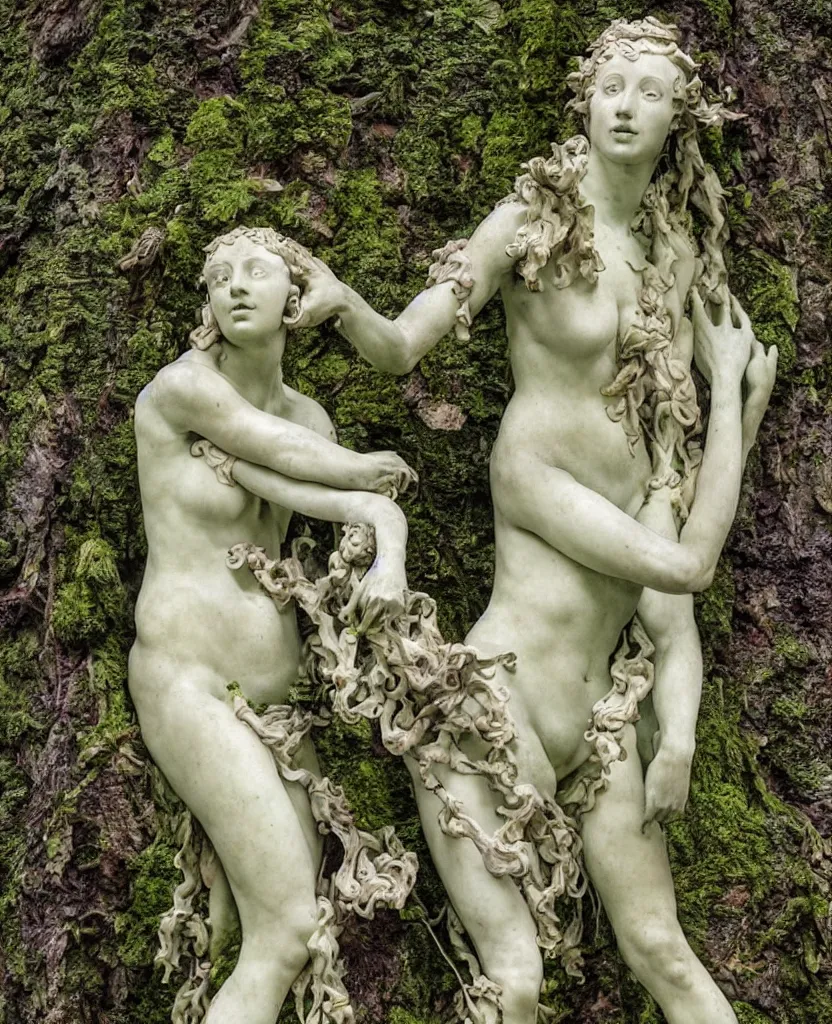 Prompt: a statue of a woman covered with moss and vines, a colourful marble sculpture by michelangelo buonarroti and by gian lorenzo bernini, gothic art, marble sculpture, flemish baroque, academic art