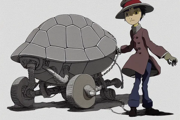 Image similar to a study of a cell shaded cartoon of a grey mechanized turtle from howl's moving castle ( 2 0 0 4 ), at a gas station, full body, wide shot, very muted colors, post grunge, studio ghibli, laurie greasley, highly detailed, deviantart, art by artgem