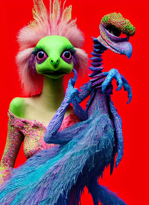 Image similar to hyper detailed 3d render like a Oil painting - kawaii portrait of two Aurora (a beautiful skeksis muppet fae princess protective playful expressive from dark crystal that looks like Anya Taylor-Joy) seen red carpet photoshoot in UVIVF posing in scaly dress to Eat of the Strangling network of yellowcake aerochrome and milky Fruit and His delicate Hands hold of gossamer polyp blossoms bring iridescent fungal flowers whose spores black the foolish stars by Jacek Yerka, Ilya Kuvshinov, Mariusz Lewandowski, Houdini algorithmic generative render, golen ratio, Abstract brush strokes, Masterpiece, Edward Hopper and James Gilleard, Zdzislaw Beksinski, Mark Ryden, Wolfgang Lettl, hints of Yayoi Kasuma and Dr. Seuss, octane render, 8k